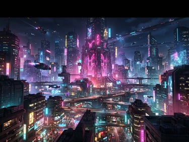 vibrant digital animation still, dramatic cinematic lighting, rich saturated tones, crisp high-fidelity render of a futuristic skyline with neon pink accents