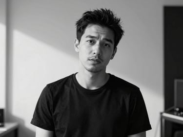 High-contrast black and white portrait of a male producer in a minimalist studio, natural daylight