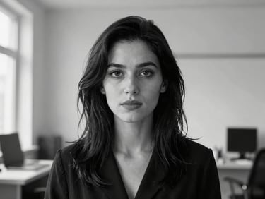 High-contrast black and white portrait of a female lead animator in a minimalist studio, natural daylight