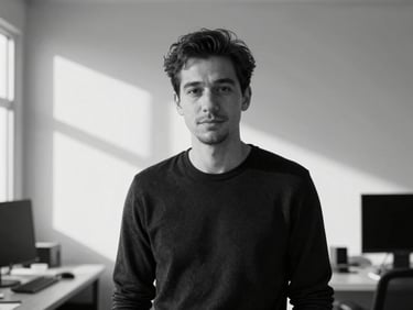 High-contrast black and white portrait of a male creative director in a minimalist studio, natural daylight, professional