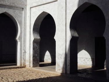 Stark high-contrast black and white architectural detail of Mogadishu historic arches, dramatic natural sunlight, deep shadows