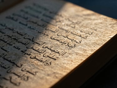 Macro close-up of weathered book pages with elegant Somali script, warm golden-hour light, deep shadows, 35mm film grain
