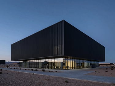 Wide architectural shot of a modern minimalist office building with sharp lines, set against the St George desert landscape at twilight blue-hour, deep charcoal and horizon blue tones.