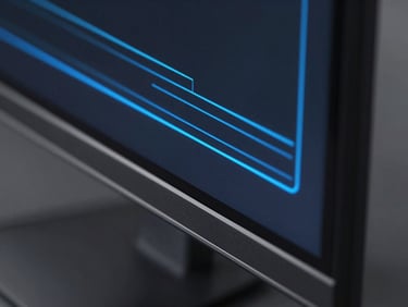 Extreme close-up macro shot of a sleek digital interface on a high-end monitor, dark obsidian theme with sharp electric blue data lines, premium minimalist tech aesthetic