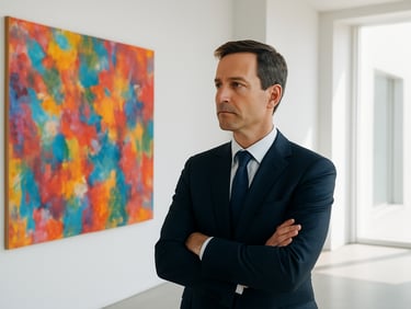 A portrait of a focused executive in a bright minimalist corporate studio, looking thoughtfully toward a large colorful canvas off-camera, soft natural shadows