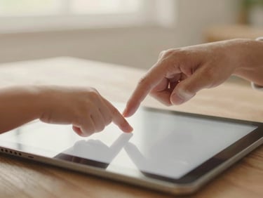 A close-up of a caregiver's hand gently guiding a child's hand on a simplified tablet interface, warm afternoon light, soft focus background.
