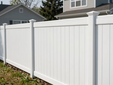 Crisp documentary photography of a newly installed white vinyl privacy fence in a suburban Westchester yard, bright morning daylight, natural colors, sharp focus, clean lines, 35mm lens