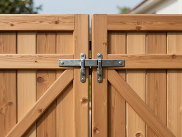 Crisp documentary photography of a close-up of a sturdy, newly installed wooden gate with a heavy-duty latch, bright morning daylight, natural colors, sharp focus, clean lines, 35mm lens