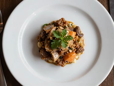 Overhead close-up of a plated corporate lunch dish on a white ceramic plate, clean studio lighting, garnish precisely placed, no cutlery in frame