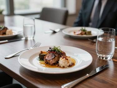 Close-up of a business lunch place setting on a boardroom table, white plate with a neatly plated hot dish, polished cutlery, glass of water, natural window light from the side