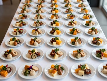 Overhead view of a neatly plated corporate buffet spread on a long white table, individual portions in uniform white dishes, clean daylight, organised and evenly spaced