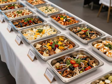 Overhead wide shot of a buffet service table with labelled food trays organised in a straight line, clean stainless serving dishes, white tablecloth, bright even lighting