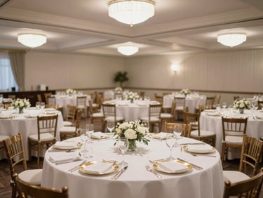 Wide environmental shot of a wedding reception banquet room fully set for service, round tables with white linen and gold-rimmed glassware under clean overhead lighting, no guests