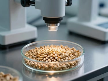 Close-up of agricultural quality control testing inside a modern industrial lab, raw wheat seeds in a petri dish, technical testing equipment, cold overhead lighting.