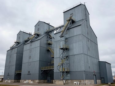 Wide environmental shot of massive grain elevators against a high-contrast overcast sky, heavy steel and concrete structures dominating the frame.