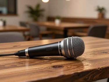 Primer plano de un micrófono profesional sobre una mesa de madera rústica, con un fondo desenfocado de una sala de conferencias moderna y cálida.