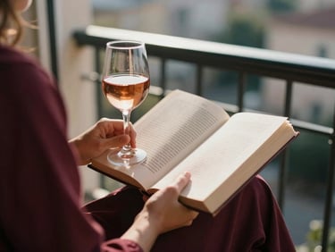 Hands holding an open book over a glass of rose wine on a sunny balcony, shallow depth of field.