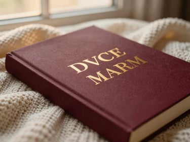 Close-up of a book cover with elegant gold lettering, resting on a cozy knitted blanket, warm golden-hour light.
