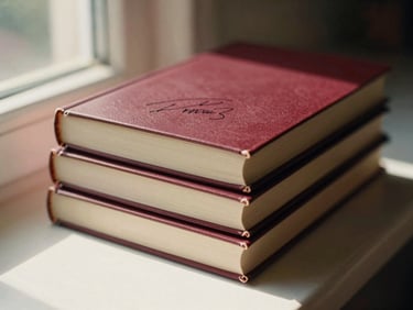 A stack of three paperback romance novels with rich burgundy covers, hand-signed on the title page, soft shadows.