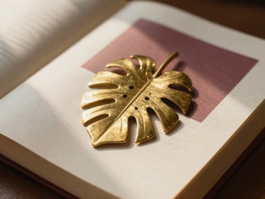 A brushed brass bookmark shaped like a delicate monstera leaf resting on the pages of a thick book, soft golden light.