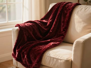 A plush burgundy velvet throw blanket draped over the arm of a cozy cream armchair, warm golden-hour light.