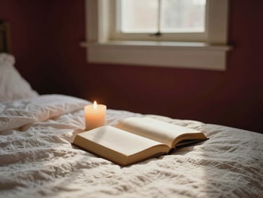 A cozy bedroom reading nook with soft candlelight, a book resting open on clean linen sheets, warm shadows.