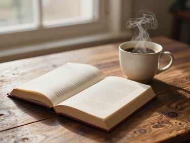 A paperback romance book open on a rustic wooden table next to a steaming ceramic mug of coffee, soft morning light.