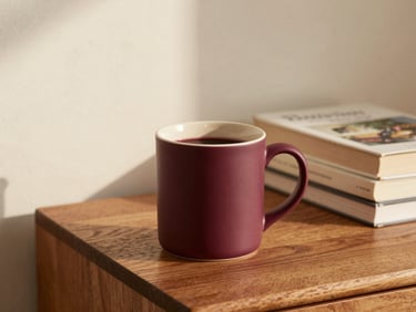 A matte ceramic mug filled with dark wine resting on a wooden nightstand next to a stack of books, soft lighting.
