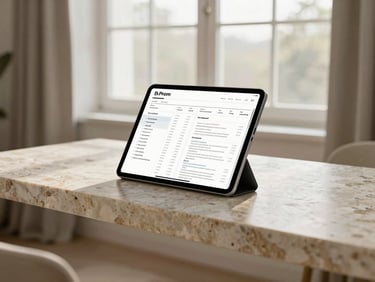 A sleek tablet displaying a digital property report resting on a travertine console table, soft morning daylight.