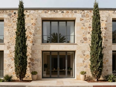 Warm editorial photography of a modern stone bastide facade, soft natural daylight, cypress trees, architectural symmetry, 35mm