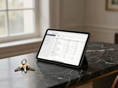 A sleek tablet displaying a clean digital property report, resting on a dark marble console table next to a set of brass keys, soft window light.