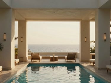 Symmetrical architectural shot of a luxury poolside lounge overlooking the Mediterranean, warm golden hour light, 35mm