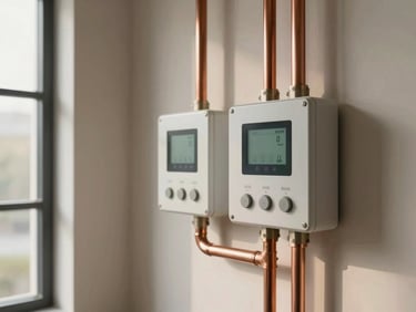 Close-up of a premium technical utility room in a modern home, neat copper piping and clean digital control panel, soft natural side lighting.