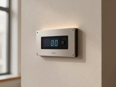 Close-up of a high-end digital control panel on a textured plaster wall, soft side lighting, elegant minimalist interior.