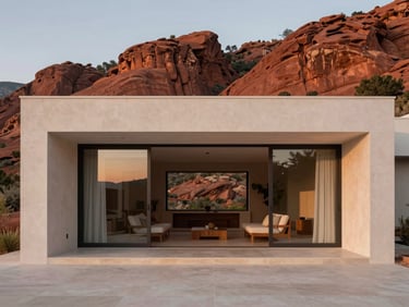 Architectural photograph of a minimalist villa terrace facing the red rocks of Esterel, soft twilight glow, elegant design, 35mm