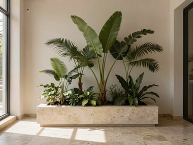 A perfectly watered indoor tropical garden in a minimalist stone planter, warm sunlight casting soft shadows on a travertine floor.