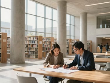A bright modern architectural library with soaring concrete columns and warm morning light filtering through high windows, two leaders sitting at a light oak table reviewing blueprints, shallow depth of field, 35mm lens.