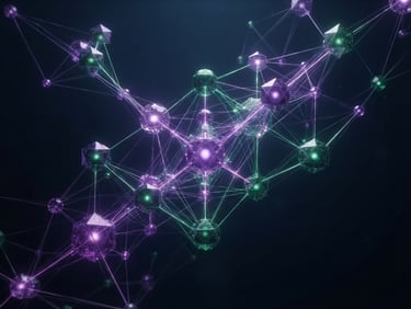 Clean 3D digital render of interconnected glowing network nodes in deep amethyst and emerald, soft studio lighting, high-fidelity UI dashboard overlay, minimalist geometric composition