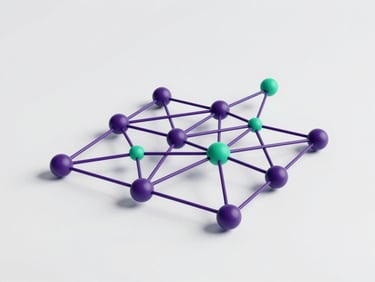 Clean 3D digital render of an abstract geometric node network representing customized learning paths, deep amethyst and emerald accents, high-fidelity UI dashboard elements in the background, soft studio lighting.