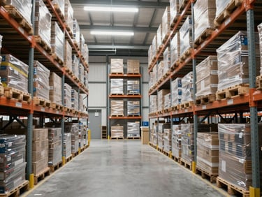 Wide panoramic shot of a brightly lit, highly organized modern warehouse with tall racks of neatly stacked pallets under cool daylight.