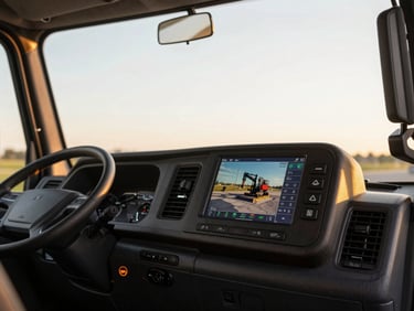 Interior of a modern truck cab with a dashboard screen tracking machinery maintenance, golden-hour light