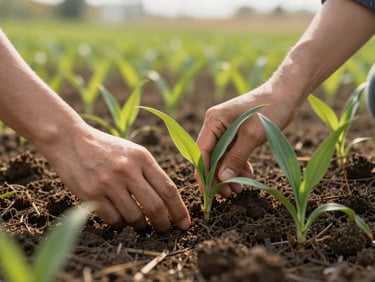 Close-up of healthy green crops with hands inspecting soil quality, natural overcast daylight, rich earthy tones