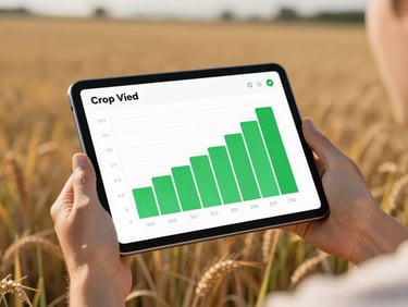Close-up of a clean tablet screen displaying a crop yield dashboard with high-contrast green charts, held by hands in a field, warm daylight
