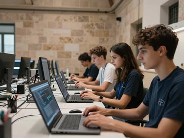 Small focused group of young engineers at workstations in a Mediterranean building, cool studio light, laptops open with code editors, architectural details of Balearic stonework in background, no warmth