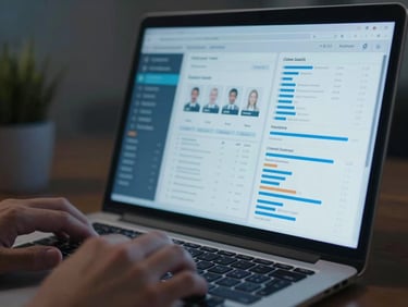 Extreme close-up of a laptop screen displaying data dashboards with citizen-service analytics, cool blue-tinted studio light, hands on keyboard partially visible, documentation aesthetic