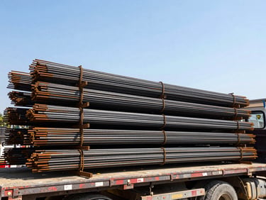 A construction site clearing scene with piles of rusted iron rebar being loaded onto a flatbed truck, harsh midday sun