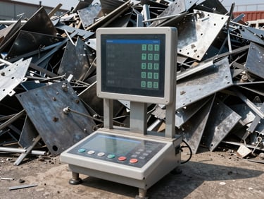 An industrial digital platform scale weighing a truck loaded with sorted scrap metal, realistic grit, clear numbers
