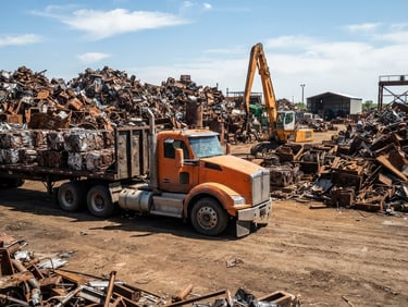 Wide shot of a heavy-duty orange transport truck parked in a gritty scrap yard, raw metallic textures of sorted scrap iron in the background, harsh midday sun, high contrast