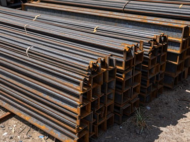 Stacks of heavy rusted iron rebar and industrial steel beams in a scrap yard, harsh midday light, gritty texture