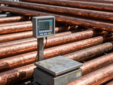 Close-up of a digital industrial scale weighing heavy copper pipes in a scrap yard, high-visibility safety gear visible, harsh sunlight, high-contrast metal textures.